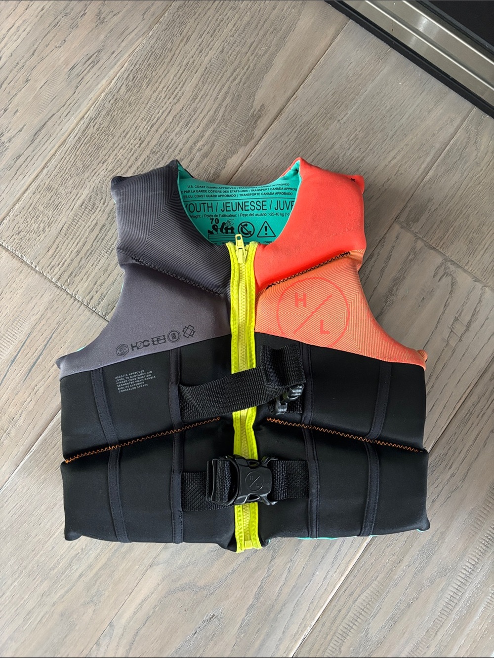 Youth hyperlite Life Jacket Vest - Neon Yellow Zip with Coral & Gray Panels